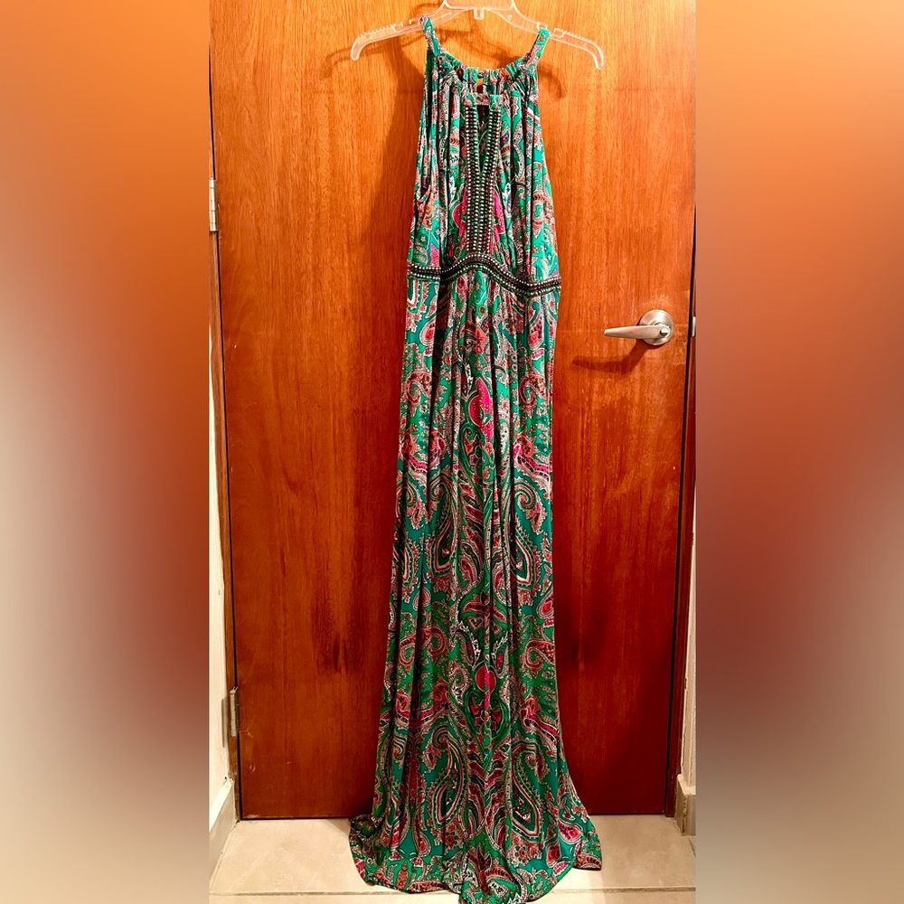 INC 1X Elegant Green And Pink Paisley Beaded Maxi Dress Plus Size